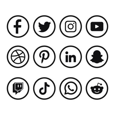Siyah Sosyal Medya Logoları Çemberler içinde, vektör illüstrasyonu