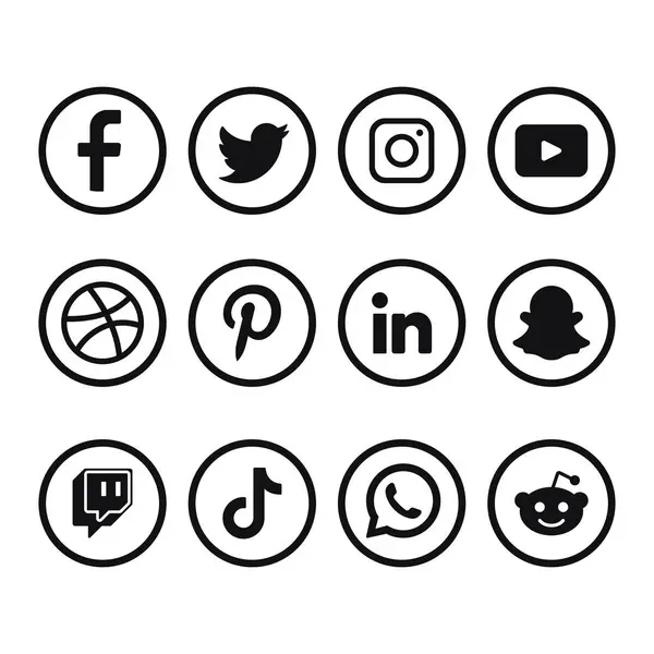 Siyah Sosyal Medya Logoları Çemberler içinde, vektör illüstrasyonu