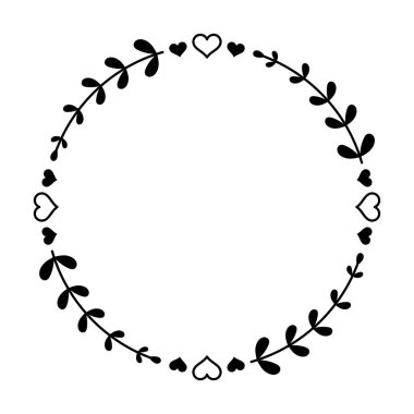 Çember Çerçeve Yapraklar ve Kalpler Beyaz Arkaplanda 