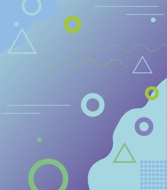 Geometrik soyut arkaplan, geometrik şekiller çember, üçgen, kare, çizgiler, dalgalar, mavinin gölgeleri, vektör çizimi