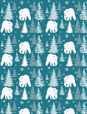 Yılbaşı şablonu, ormandaki köknar ağaçları arasında kutup ayısı kar yağıyor, vektör çizimi