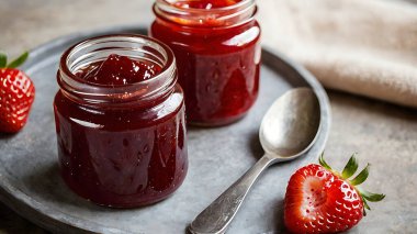 Aromatik ev yapımı meyve reçeli küçük cam kavanozlarda ahududu ve çilekten yapılır. Mutfak blogları, tarım ürünleri, tarifler ve organik gıda stokları için uygun