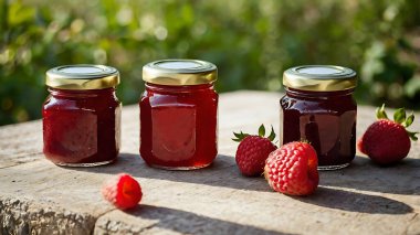 Aromatik ev yapımı meyve reçeli küçük cam kavanozlarda ahududu ve çilekten yapılır. Mutfak blogları, tarım ürünleri, tarifler ve organik gıda stokları için uygun