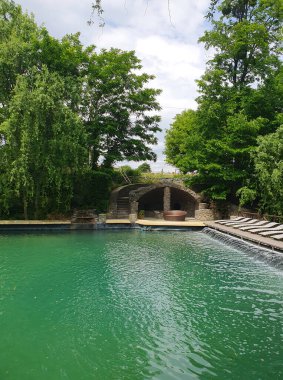 Taze yeşil çimenler ve uzun ağaçlarla çevrili yaz havuzu. Sıcak mevsimde dinlenmek ve dinlenmek için bir yer. Reklam merkezleri, oteller veya yaz tatili için uygun.