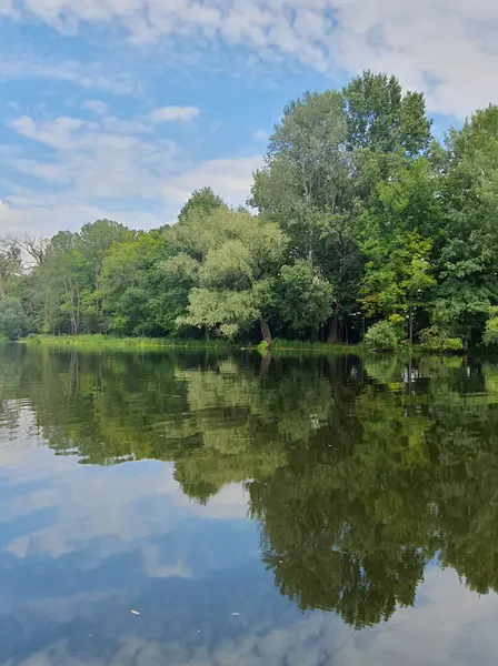 Yoğun yeşil bir ormanla çevrili sessiz bir nehir ya da göl. Aynaya benzeyen su, ağaçları ve gökyüzünü yansıtır. Doğayla bir barış ve birlik ortamı yaratır. Bulutlu açık yaz gökyüzü