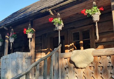 Verandasında oyma elementler olan, çiçek saksılarıyla süslenmiş eski ahşap bir ev. Sıcak bir yaz akşamı, geleneksel bir köy evinin sıcak atmosferi ve etnik detaylar..