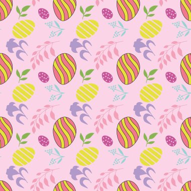 Pembe arka planda el yapımı paskalya yumurtaları, çiçekler, yapraklar ve diğer elementlerle kusursuz desen.