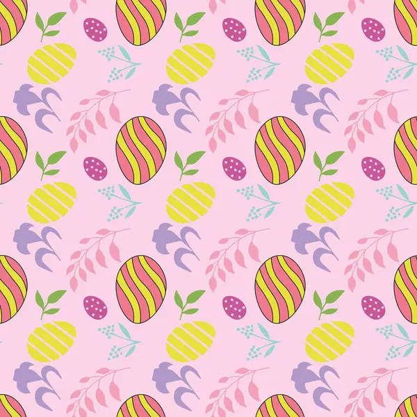 Pembe arka planda el yapımı paskalya yumurtaları, çiçekler, yapraklar ve diğer elementlerle kusursuz desen.