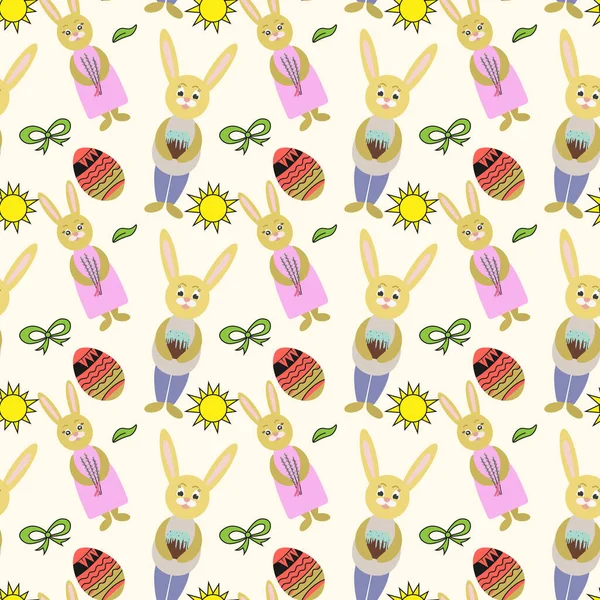 Decorative vector pattern for a holiday Easter. Rabbits girl and boy, eggs, garland, cake, twigs, bow and other elements for design