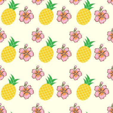 Egzotik Ananas ve Hibiscus Kusursuz Vektör Deseni Tasarımı
