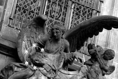 Bu tarihi binanın ön cephesinde siyah beyaz çekilen bu fotoğraf bazı karakterleri, hayvanları ya da çiçekleri temsil ediyor. Prag, Çek Repbliç, Avrupa 'da geçiyor