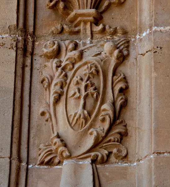 stock image Shot in color detail on the facade of this historic building representing some character, animal or flower. Set at San Vicente de la Sonsierra, Logroo, La Rioja, Spain, Europe