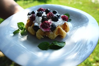 Krem şanti ve böğürtlen karışımı ile kaplanmış taze pişmiş waffle, yeşil nane yapraklarıyla süslenmiş beyaz bir tabakta sunulur.. 