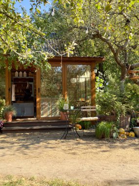Geniş pencereli büyüleyici bir bahçe, yemyeşil ve bir ağacın altına kurulmuş, huzurlu bir arka bahçe inzivası yaratıyor..