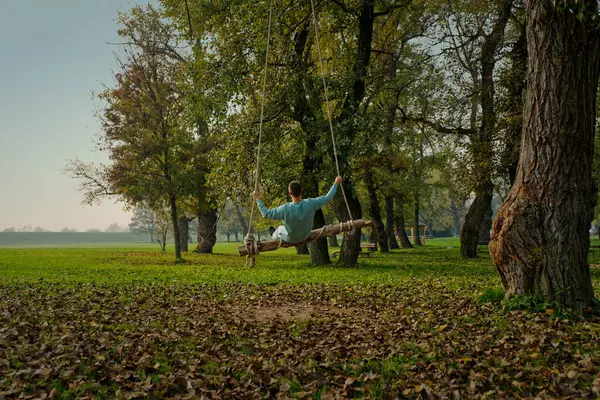 Parktaki ağaçtan salıncakta sallanan bir adam var. Sahne yemyeşil çimenler, dağınık yapraklar ve uzun ağaçlarla huzur dolu..