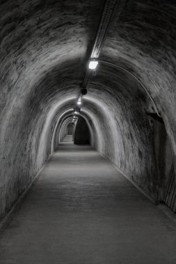 Kıvrımlı tavanı ve beton duvarları olan loş, dar ve uzun bir tünel, yukarıdaki ışıklarla aydınlatılıyor, derinlik ve perspektif hissi yaratıyor..