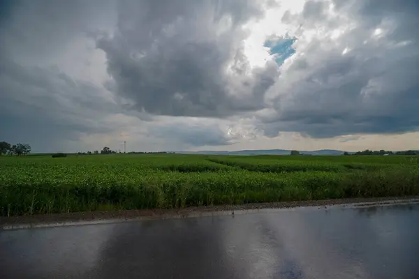 Rain clouds on a dark road in the countryside. Green fields and a road after the rain with the Holy Cross Mountains visible in the background