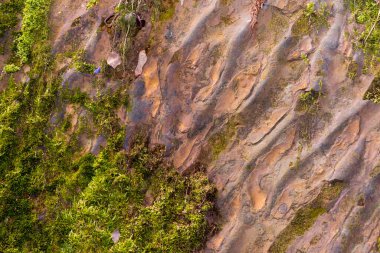 Taş duvar dokusunun arka planı. Vadinin eğimi olan dalgalanan kaya 