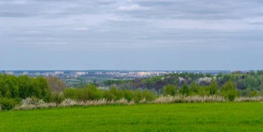 Arka plandaki Ostrowiec civarında bahar mevsimi. Tepeler, tarlalar, ormanlar, meyve bahçeleri ve çayırlar büyümenin baharında. Şehir vadide görülebilir - konut binaları, kiliseler, okullar ve bir çelik fabrikası, vs..  