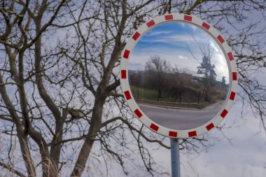 Ağaçta yuvarlak bir ayna. Aynalı yol işareti U-18a, ilkbahar manzarasını yansıtıyor. Şehrin kenar mahallelerindeki ilkbahar manzarasını yansıtan yol işareti 
