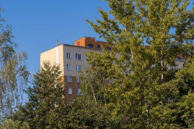  Apartman binası - yerleşim bloğu - bir sonbahar günü mavi gökyüzünün altındaki ağaçların arasında. Yazın son günü (Ostrowiec) yeşil (hala) Ağaçlar bir apartman bloğu - 