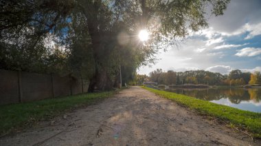 Gölün içinden geçen patika. Gölün yanında çok pitoresk bir park yolu (eski söğütler). Sonbaharın başlarında, öğleden sonra biraz bulutlu bir gökyüzünün altında güneş dalların arasından parlarken..  