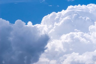 Beautiful, richly textured rain clouds against a blue spring sky. Large cumulonimbus clouds dominate a vivid blue sky. The towering formations are dense and billowy, varying in shades of white and gray, indicating their rain-bearing potential.