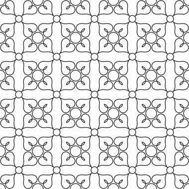 Kusursuz çiçek deseni siyah kalp şekilleri ve beyaz arka planda daireler oluşturur. Grafik tasarımı, tekstil, baskı, duvar kağıdı, arkaplan vs. için uygundur.
