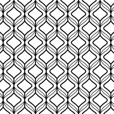 Beyaz arka planda birbirine kenetlenmiş siyah çizgileri olan kusursuz geometrik desen. Arkaplan, tekstil veya dekoratif öğeler için uygundur.