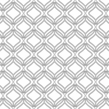 Beyaz arka planda birbirine geçmiş dalgalı çizgileri olan kusursuz geometrik desen. Arkaplan, tekstil veya dekoratif öğeler için uygundur.