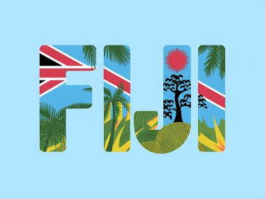 Fiji Spelled Out with Images Depicting the Country's Flag and Natural Beauty clipart