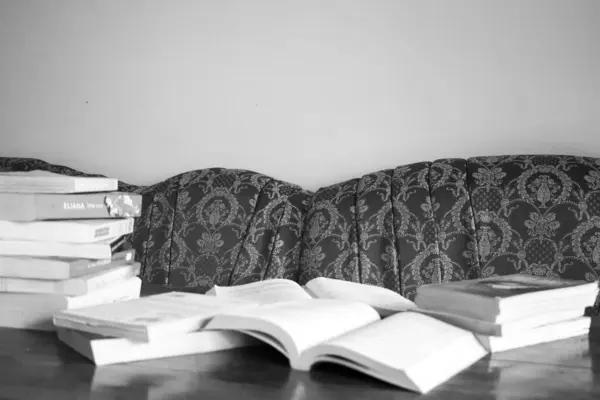 stock image Black and white scene in livingroom with books on the table.