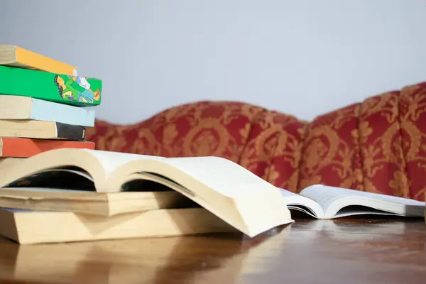 Masada arka plan kitabı ve oturma odasında beyaz duvarı olan kırmızı kanepe.