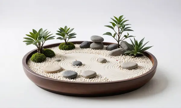 Görüntü, çakıl taşları ve birkaç küçük bitkiyle dolu küçük bir seramik ekicidir..