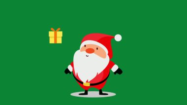 Yeşil Ekranda Hediye Kutusu Canlandırmasıyla Çizgi Noel Baba Karakteri