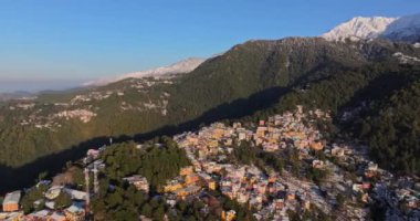 Dharamshala kasabasının sabah manzarası, güneş ışınlarıyla parlayan karla kaplı dağlar ve sedir ve çam ağaçlarından oluşan yeşil orman. Gökyüzü berrak ve mavi.