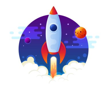 Bulutların üzerinde uçan roket fırlatılıyor. Dumanlı bulutların içindeki uzay gemisi. İş konsepti. Başlangıç şablonu. Basit modern çizgi film tasarımı. Düz biçim vektör illüstrasyonu.