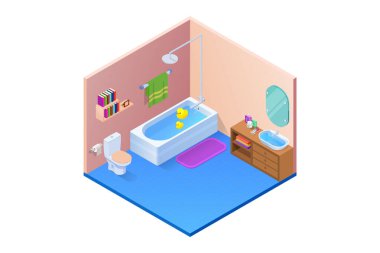 Banyo duş ayna ve havlu vektör çizim ile iç izometrik tasarımı