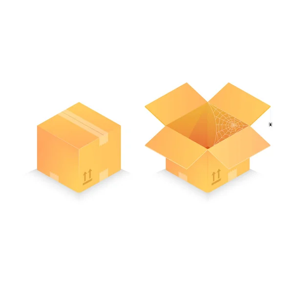 Gerçekçi karton kutular. Bir ağ ve bir örümcekle boş bir kutu açtım. Teslimat paketleri