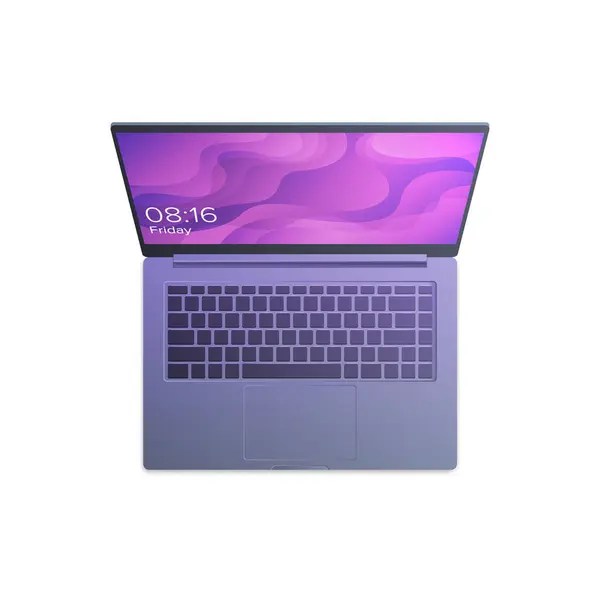 Beyaz arka planda izole edilmiş renkli duvar kağıtları olan modern gri, açık dizüstü bilgisayar. Gerçekçi dizüstü bilgisayar modeli. Bilgisayar ekranı üst görünümü. Vektör illüstrasyonu