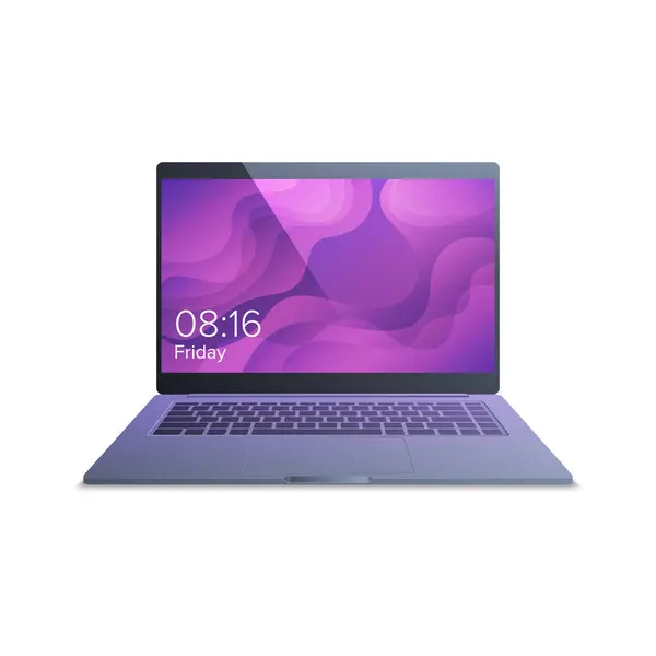 Beyaz arka planda izole edilmiş renkli duvar kağıtları olan modern gri, açık dizüstü bilgisayar. Gerçekçi dizüstü bilgisayar modeli. Bilgisayar ekranı ön görünümü. Vektör illüstrasyonu