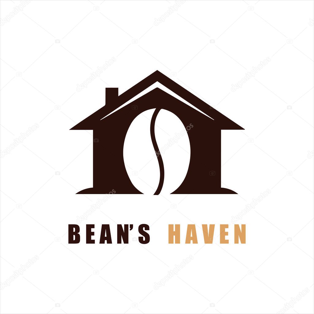 Coffee bean inside a house shape logo isolated on white background beans haven logo vector design