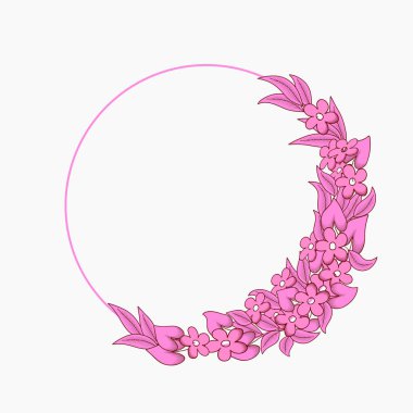 Elle çizilmiş çiçekli, eski, yuvarlak bir çerçeve. Yuvarlak bir çerçeveye sarılmış pembe çiçekler ve yapraklar.