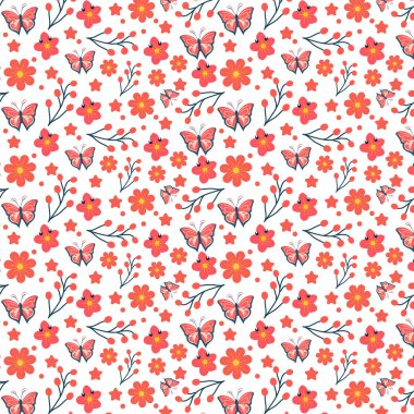 Küçük renkli çiçekler ve kelebek desenli zarif bir çiçek deseni. Özgürlük tarzı. Moda baskıları için kusursuz bir arka plan. Ditsy parmak izi. Kusursuz vektör dokusu.