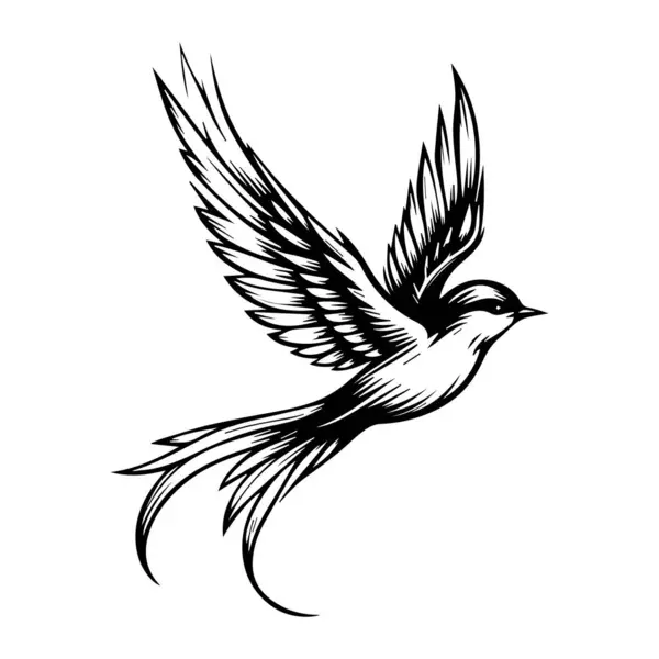 Beyaz arka planda izole edilmiş uçan bir kuşun siyah ve beyaz çizimi.
