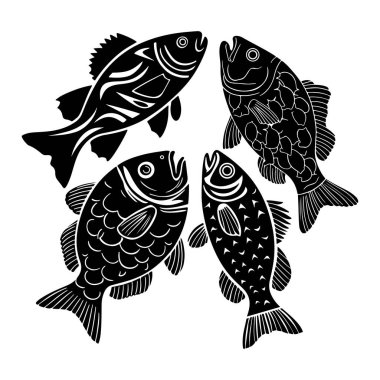 Beyaz arkaplanda izole edilmiş farklı balık silueti