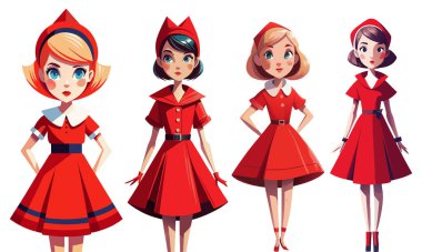 Kırmızı elbise vektör illüstrasyonu giyen şirin çizgi film kızı.
