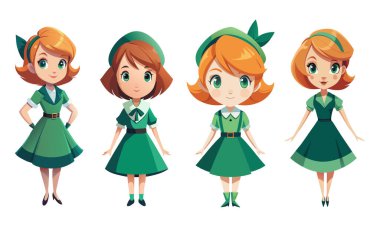 Yeşil elbise vektör çizimi giyen şirin çizgi film kızı.