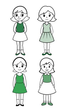 Yeşil elbise vektör çizimi giyen şirin çizgi film kızı.