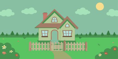 Çitleri ve çiçekleri olan bir çizgi film evi.